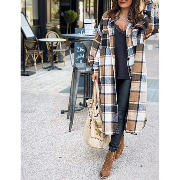 CASUAL Khaki Plaid Button Down Long Puff Sleeve Trench Coat Jacket Shacket Wool - Picture 5 of 10